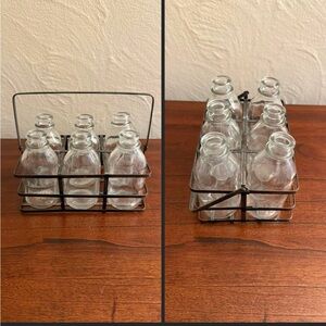 Glass Milk Bottle Set with Metal Carrier